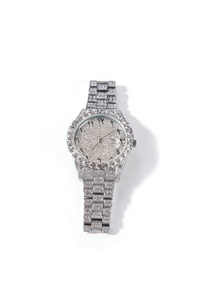 White Gold Finish Solitaire Bezel Unisex Simulated Diamond Bling Stainless Steel Iced Out Hip Hop Arabic Numeral Date Function Watch 42mm
