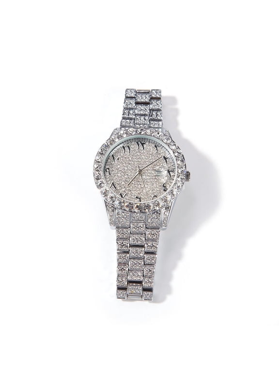 White Gold Finish Solitaire Bezel Unisex Simulated Diamond Bling Stainless Steel Iced Out Hip Hop Arabic Numeral Date Function Watch 42mm
