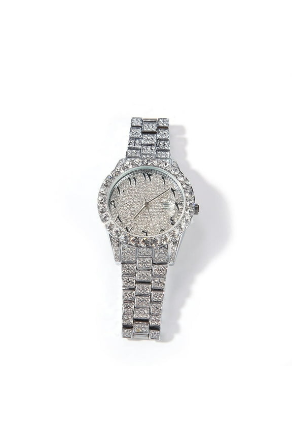 White Gold Finish Solitaire Bezel Unisex Simulated Diamond Bling Stainless Steel Iced Out Hip Hop Arabic Numeral Date Function Watch 42mm