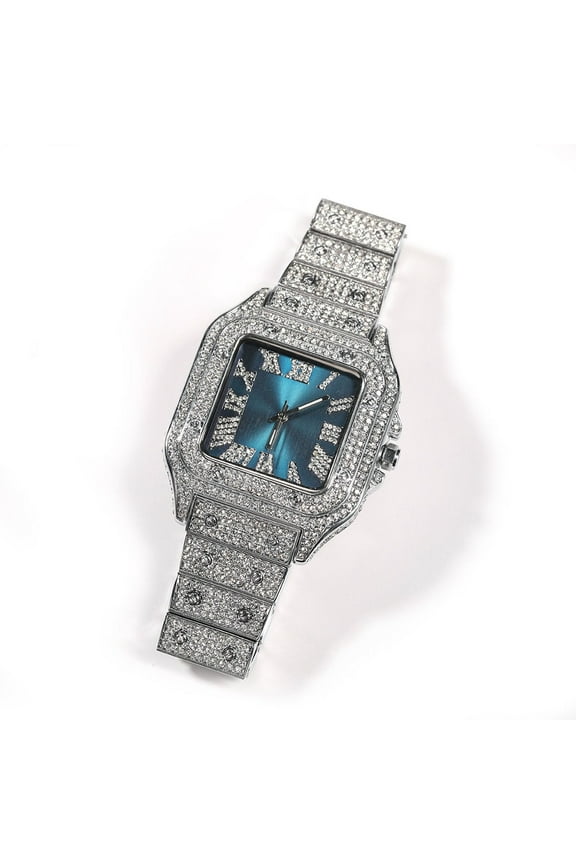 White Gold Finish Square Bezel Unisex Simulated Diamond Bling Stainless Steel Iced Out Hip Hop Roman Numeral Date Function Luxury Watch 35mm