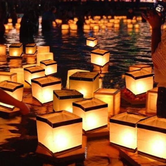 White & Gold Floating Candle Wish Lanterns - Biodegradable Memorial/Prayer/Wishing River Light (Set of 50)