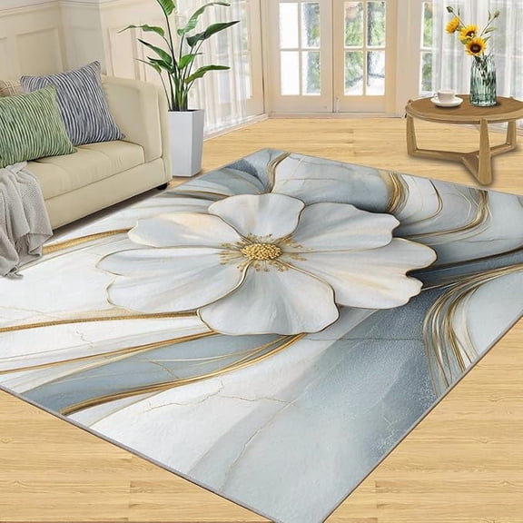 White Gold Floral Area Rug, Embossed Flower Rugs for Bedroom, Luxury Marble Flower Rugs for Living Room, Indoor Non-Slip Rug, Machine Washable Carpet for Front Entrance Floor Decor 4 x 5ft