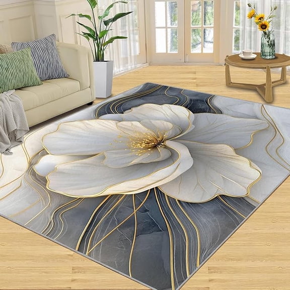 White Gold Floral Area Rug, Embossed Flower Rugs for Bedroom, Marble Texture Floral Rugs for Living Room, Indoor Non-Slip Rug, Machine Washable Carpet for Front Entrance Floor Decor 5 x 6ft