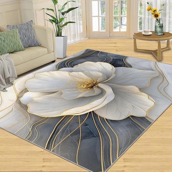 White Gold Floral Area Rug, Embossed Flower Rugs for Bedroom, Marble Texture Floral Rugs for Living Room, Indoor Non-Slip Rug, Machine Washable Carpet for Front Entrance Floor Decor 3 x 4ft