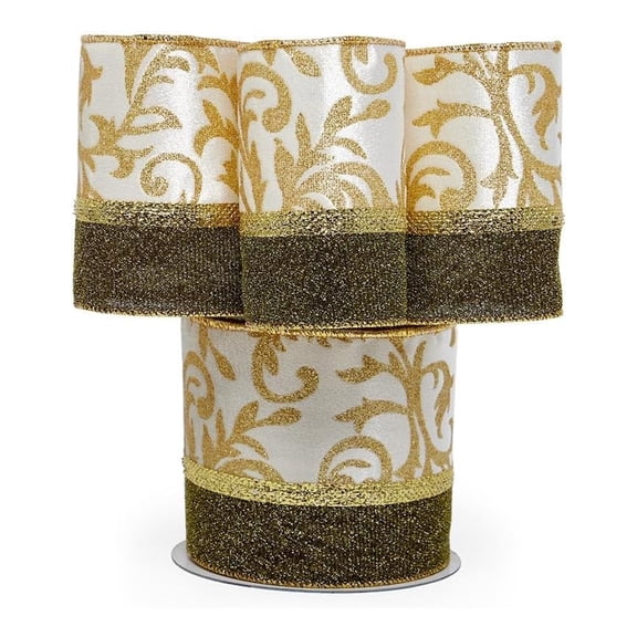 White/Gold Florence Christmas Wide Gold Backed Wired Ribbon - 4 Inches Wide X 10 Yards (56090019) - Holiday Ribbons