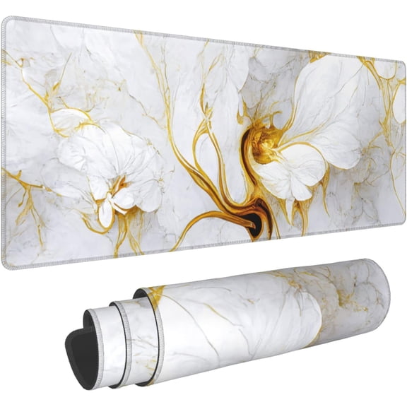 White Gold Flower Marble Extended Big Mouse Pad Large,XL Gaming Mouse Pad Desk Pad,31.5x11.8inch Long Computer Keyboard Mouse Mat Mousepad with 3mm Non-Slip Base and Stitched Edge for Home Office Work