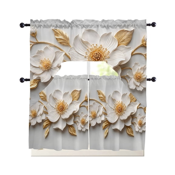 White Gold Flowers Kitchen Curtains Sets 36 Inch Length with Valance, Modern Chic Blooming Floral Leaves Swag Valances and Tiers Curtain Set Drapes Swag Curtains for Living Room, Bathroom, Cafe