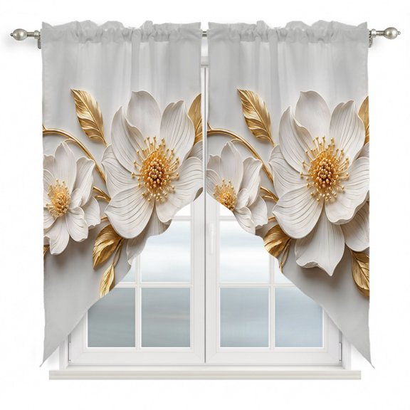 White Gold Flowers Swag Valances for Windows, Kitchen Curtains 36 Inch Length 2 Panels Set, Modern Chic Blooming Floral Leaves Short Curtains for Small Windows Rod Pocket Cafe Curtains Drapes 28"x36"