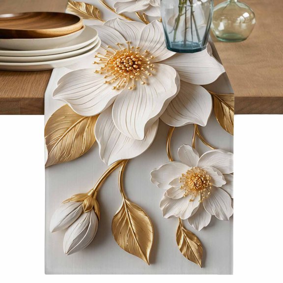 White Gold Flowers Table Runner, Modern Chic Blooming Floral Leaves Washable Cotton Linen Table Runners 36 Inches Long, Dresser Scarf Runner for Nightstand/End Tables/Round Tables 13''x36''
