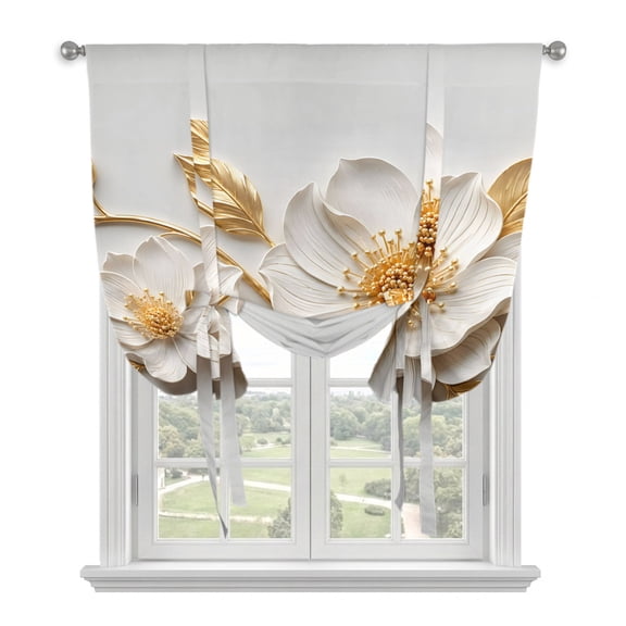 White Gold Flowers Tie Up Curtains for Windows, Adjustable Balloon Window Shades, Modern Chic Blooming Floral Leaves Kitchen Window Treatments Farmhouse Short Curtains with Rod Pocket 42"x45"