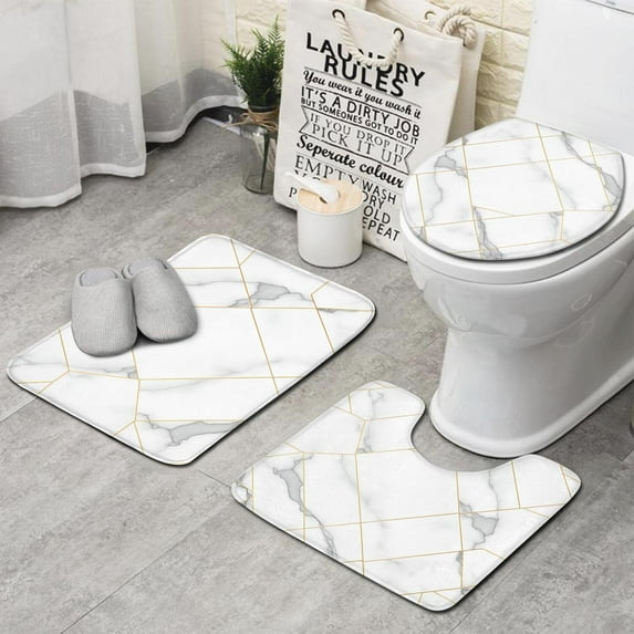 White Gold Geometric Marble Bathroom Rugs Sets 3 Piece,Toilet Cover Set,Absorbent Non Slip Bathroom Mats Sets with U-Shaped Contour Rug Toilet Rug Set