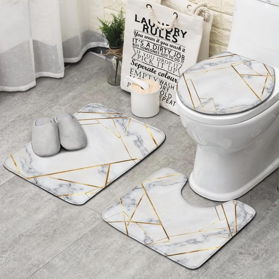 White Gold Geometric Marble Bathroom Rugs Sets 3 Piece,Toilet Cover Set,Absorbent Non Slip Bathroom Mats Sets with U-Shaped Contour Rug Toilet Rug Set