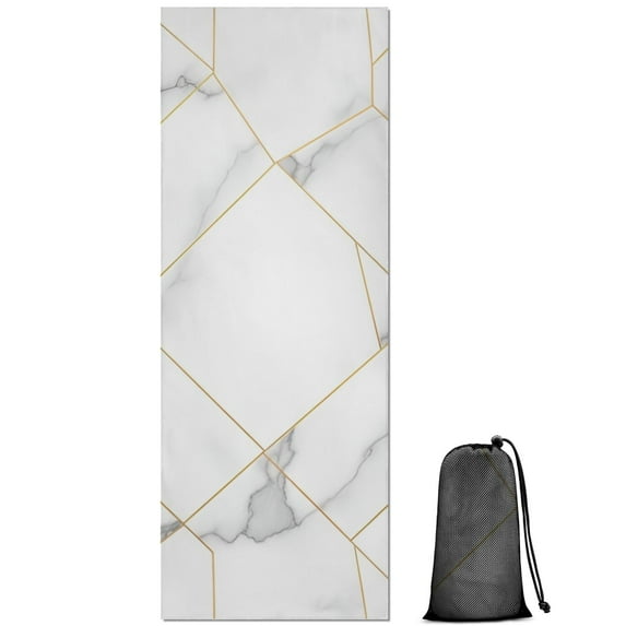 White Gold Geometric Marble Hot Yoga Mat Towel Non Slip for Hot Yoga - Quick-Drying Yoga Mat Cover with 4 Corner Pockets with Travel Bag - Hot Yoga Towel Non Slip 74"x26"
