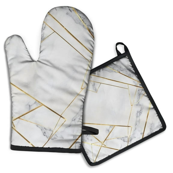 White Gold Geometric Marble Kitchen Oven Mitt and Pot Holder Sets 2 Pcs for Baking, Cooking and Grilling, Heat Resistant Up To 392 °F