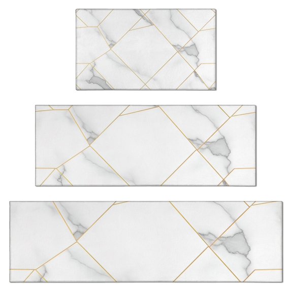 White Gold Geometric Marble Kitchen Rugs Sets Of 3,Kitchen Runner Rugs Non Skid Washable,Decorative Kitchen Floor Mats for Kitchen,Sink,Laundry,17"x30"+ 17"x47" + 17"x59"