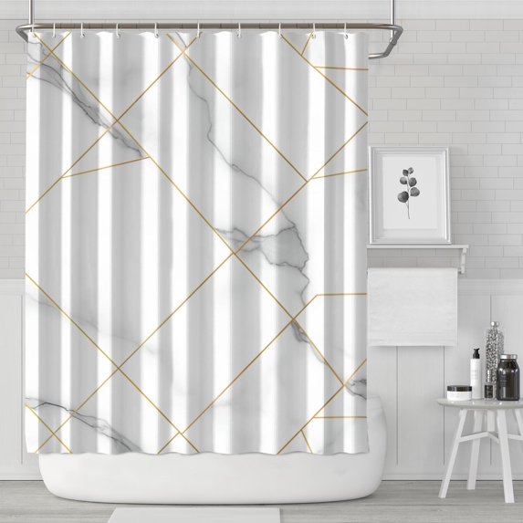 White Gold Geometric Marble Shower Curtain 84"x72" ,Bathroom Decorative Shower Curtains Set with 12 Hooks,Modern Waterproof Washable Shower Curtain