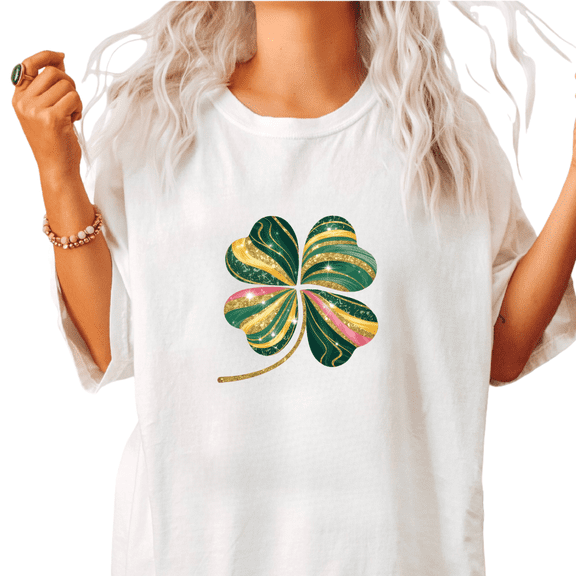 White Gold Green Striped Clover Print T shirt St Patricks Day Graphic Tees Oversized Shirts Sparkly Holiday Casual Wear Tops S-5XL