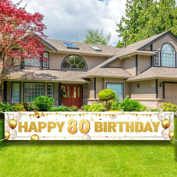 White Gold Happy 80th Birthday Yard Banner,White Birthday Backdrop Porch Sign,White Gold Large White Birthday Yard Sign Banner,Birthday Party Supplies Photo Background for Children Men Women.