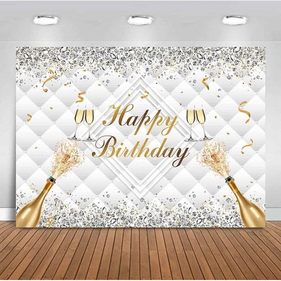 White Gold Happy Birthday Backdrop Glitter Diamond Luxury Birthday Photography Background for Women Champagne Birthday Party Decorations Banner Supplies Photo Booth Props