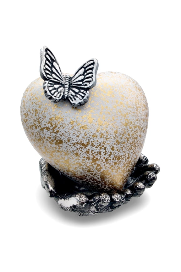 White & Gold Heart Keepsake Urn - Large Heart Cremation Urn with Hand Shape Stand, Butterfly Heart Cremation Urn - Hand Painted and Engraved