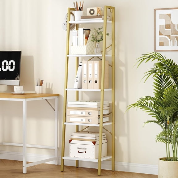 White Gold Hzuaneri Ladder Shelf, 5-Tier Bookshelf Bookcase, Freestanding
