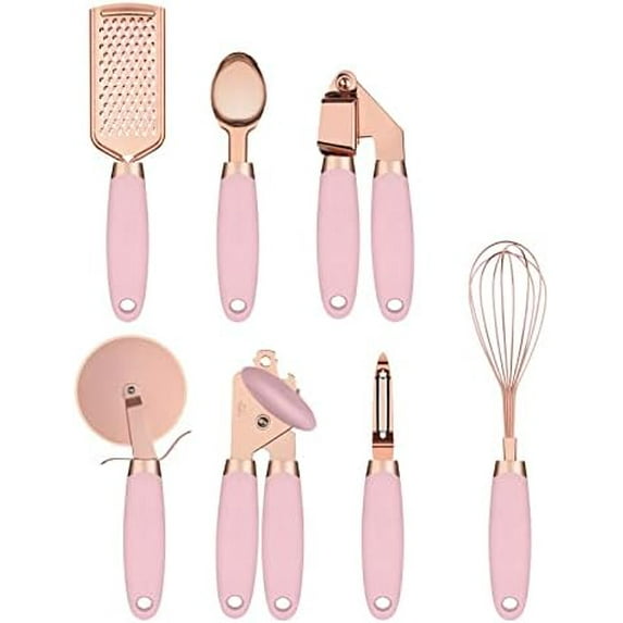 White & Gold Kitchen Tools and Gadgets - Luxe 7PC Cooking Tools and Gadgets with Anti-Slip Handles, Gold Utensils Set, Gold Kitchen Accessories,Premium Kitchen Gadget Set (rose gold and pink)