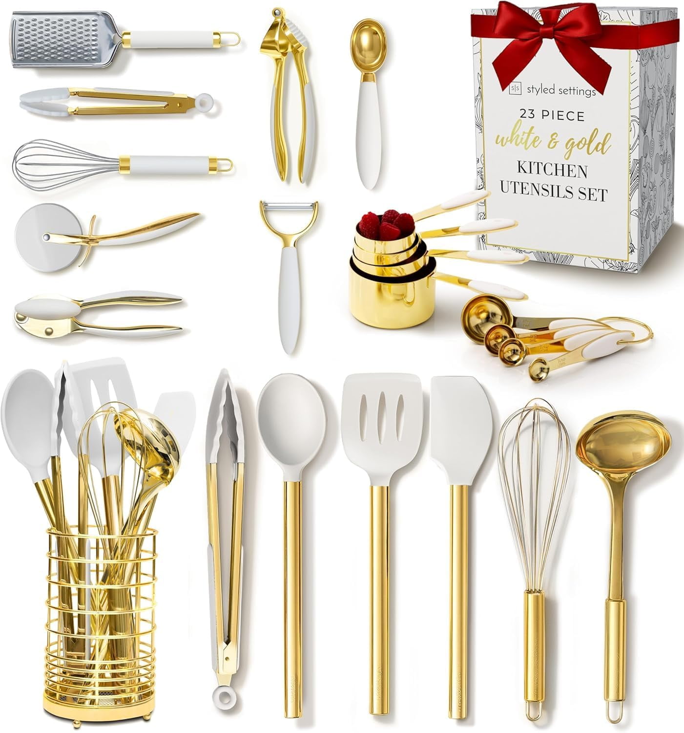 White and Gold Kitchen Utensils Set - 23 Piece Luxe White and Gold Kitchen Accessories Include Gold Measuring Cups and Spoons, White Silicone and Gold Cooking Utensils, White and Gold Kitchen Tools