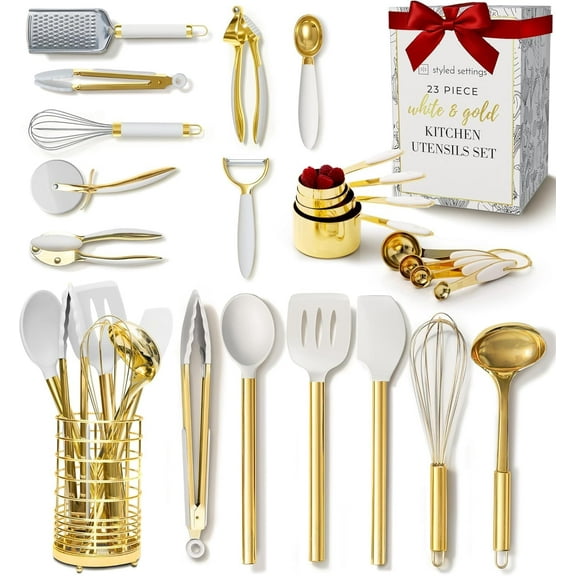 White and Gold Kitchen Utensils Set - 23 Piece Luxe White and Gold Kitchen Accessories Include Gold Measuring Cups and Spoons, White Silicone and Gold Cooking Utensils, White and Gold Kitchen Tools