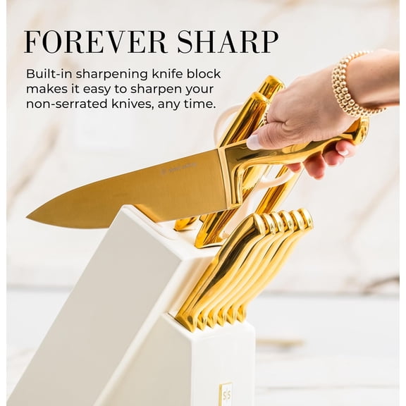 White and Gold Knife Set with Block 14-PC Full Tang Titanium-Coated Stainless Steel Gold Knives and White Knife Block with Built-In Sharpener Luxury Kitchen Accessories