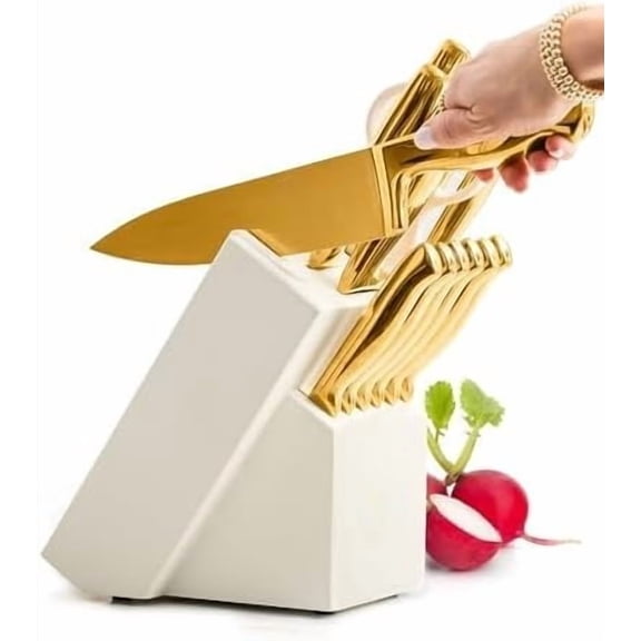 White and Gold Knife Set with Block – 14-PC Full Tang Titanium-Coated Stainless Steel Gold Knives and White Knife Block with Built-In Sharpener – Luxury Kitchen Accessories