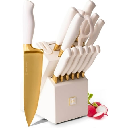 Styled Settings Gold and White Knife Set with Block, 14-Piece Self-Sharpening Titanium-Coated Stainless Steel Knives