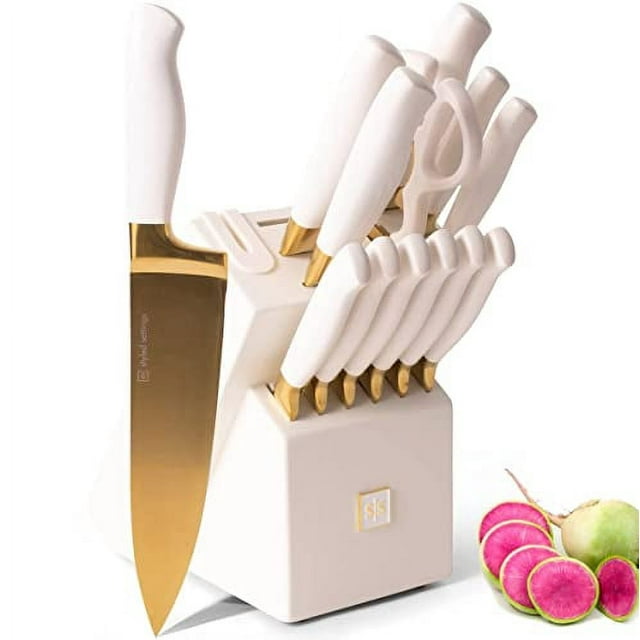 White and Gold Knife Set with Block Self Sharpening 14 PC Titanium