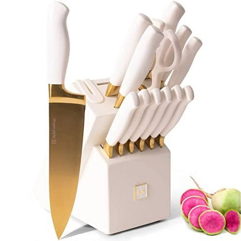 White and Gold Knife Set with Block Self Sharpening - 14 PC Titanium Coated  Gold and White Kitchen Knife Set and White Knife Block with Sharpener