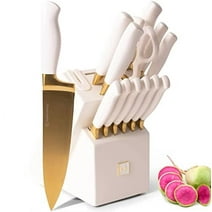 White and Gold Knife Set with Block Self Sharpening - 14 PC Titanium Coated Gold and White Kitchen Knife Set and White Knife Block with Sharpener, White and Gold Kitchen Accessories and Decor
