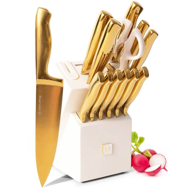 White and Gold Knife Set with Sharpener 14PC Self Sharpening Knife