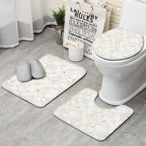 White Gold Leaf Hexagon Marble Pattern Bathroom Rugs Sets 3 Piece,Toilet Cover Set,Absorbent Non Slip Bathroom Mats Sets with U-Shaped Contour Rug Toilet Rug Set