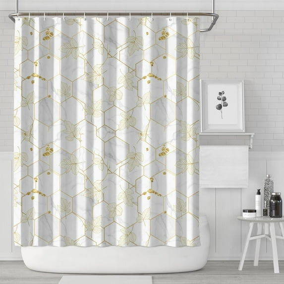 White Gold Leaf Hexagon Marble Pattern Shower Curtain 72"x84" ,Bathroom Decorative Shower Curtains Set with 12 Hooks,Modern Waterproof Washable Shower Curtain