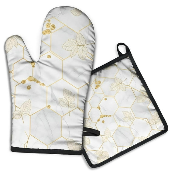 White Gold Leaf Marble Pattern Kitchen Oven Mitt and Pot Holder Sets 2 Pcs for Baking, Cooking and Grilling, Heat Resistant Up To 392 °F
