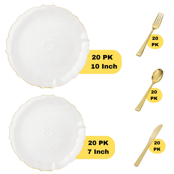 White / Gold Luxe Wedding Plastic Plates Party Bundle w/ Gold Plastic Cutlery 20 Pack
