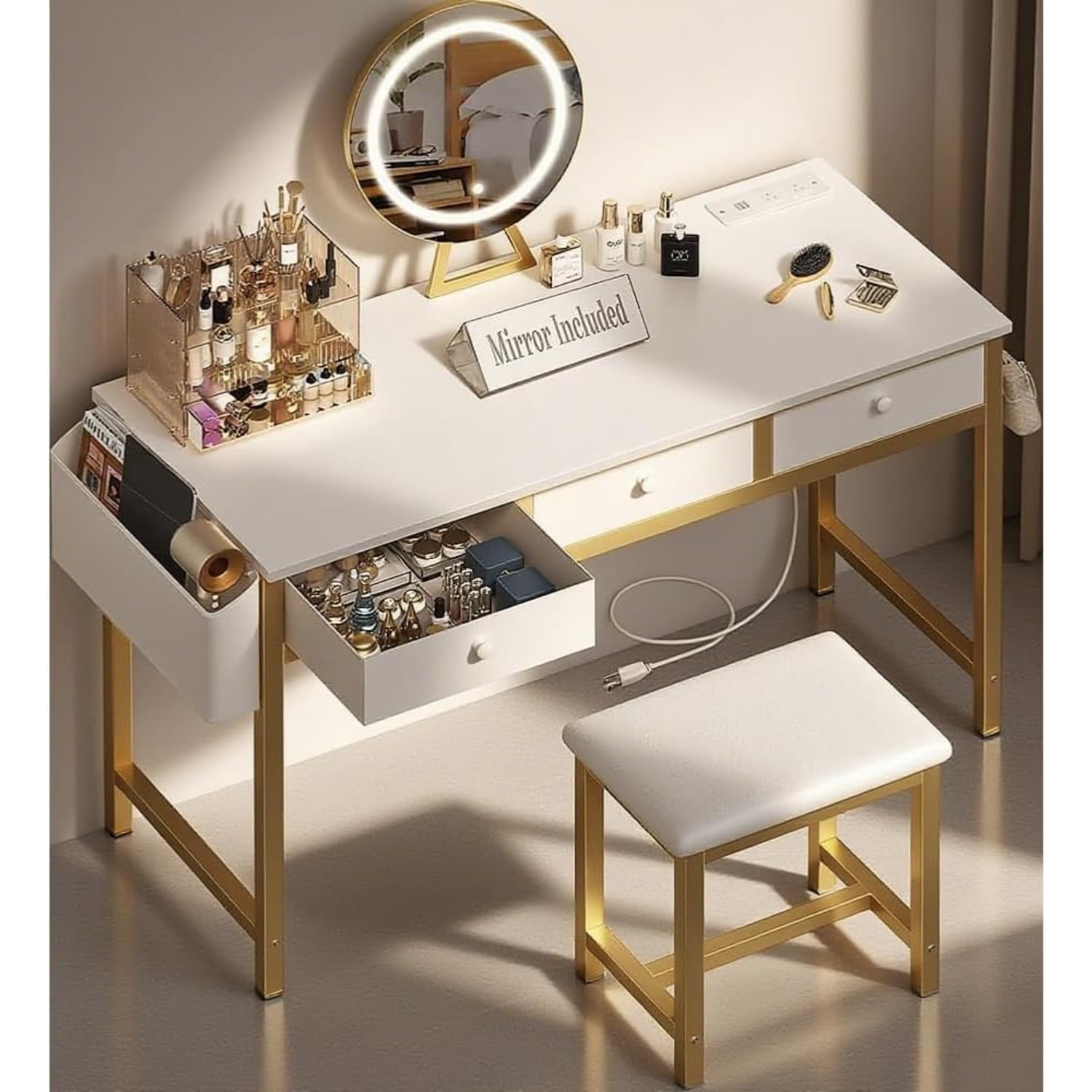 White And Gold Makeup Vanity