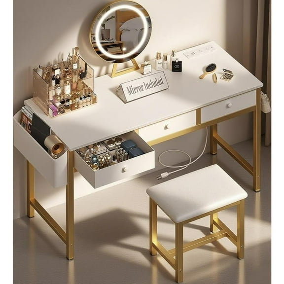 White and Gold Makeup Vanity Desk with Mirror and Lights Big Vanitys Set with Chair, Drawers and Power Outlet, Dressing Table Vanities for Girls Bedroom 47“