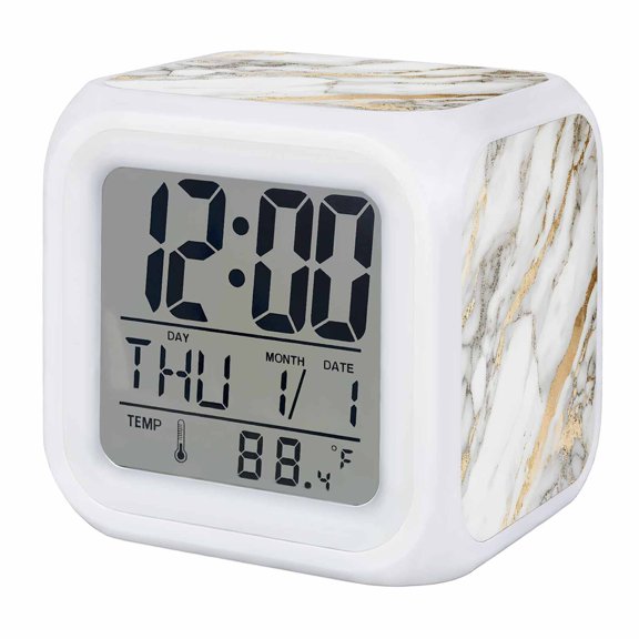 White Gold Marble Alarm Clock, Abstract Marble Stone Texture Modern Style Digital Clock Night Light with 7 Color, Calendar Temperature Display, LED Desk Small Clock for Bedrooms Bedside Living Room