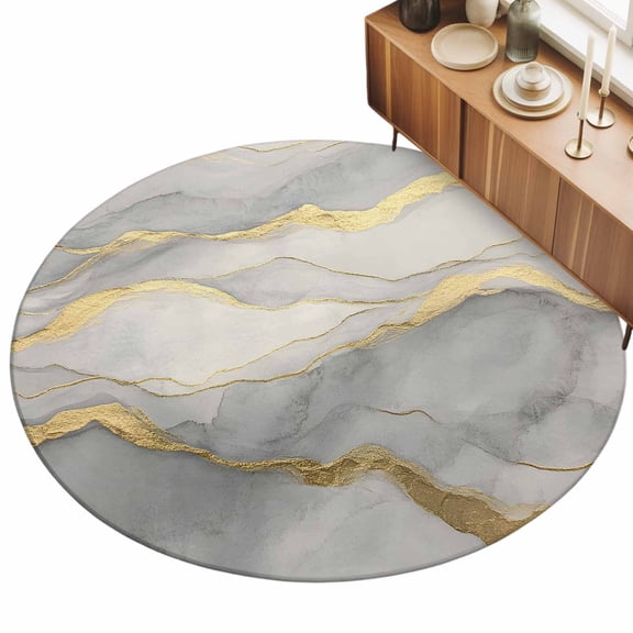 White Gold Marble Area Rug, Modern Abstract Art Cloud Wave Lines Stripe Non-Slip Felt Rubber Backing Round Indoor Carpet Washable Rugs for Living Room Bedroom 4ft