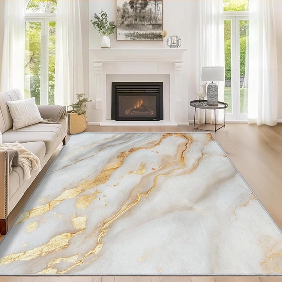 White Gold Marble Area Rug, Modern Abstract Pattern Carpet, Washable Non Slip Low Pile Soft Thin, Living Room Bedroom Home Decor Mat 2x3ft
