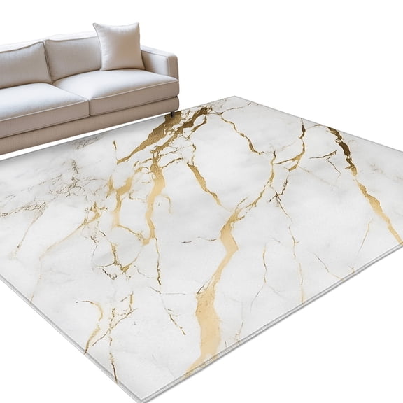 White Gold Marble Area Rugs 4x6ft Modern Abstract Floor Rug Non Slip Low Pile Ultra Soft Throw Carpet for Entryway Indoor Entrance Kitchen Bathroom
