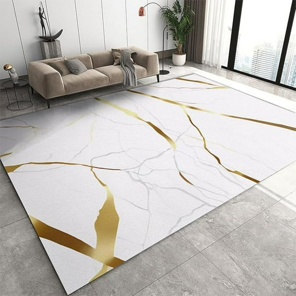 White Gold Marble Area Rugs, Marble Gold Stripes Easy Clean Rug, Soft Non-Skid Carpet Throw Rug For Kids Teen Girls Boys Bedroom, Living Room Bathroom Classroom Office 5x7ft