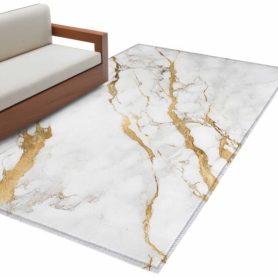 White Gold Marble Area Rug 4x6ft Abstract Marble Texture Contemporary Non-Slip Washable Square Rugs Soft Felt Indoor Floor Mat for Bedroom Kitchen Living Room Bathroom