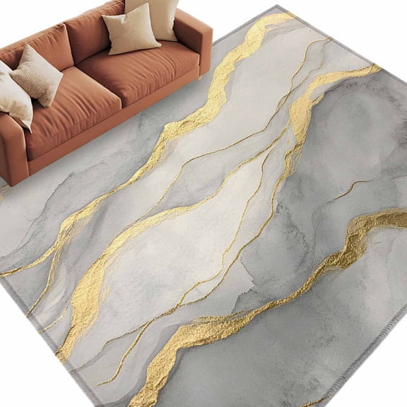 White Gold Marble Area&nbsp;Rug 8x10ft Modern Abstract Art Cloud Wave Lines Stripe Non-Slip&nbsp;Washable Square&nbsp;Rugs Soft Felt Indoor Floor Mat for Bedroom Kitchen Living Room Bathroom