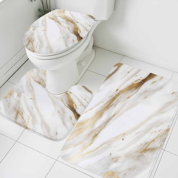 White Gold Marble Bathroom Rugs Set Abstract Cracked Stone Texture Impressionist Non Slip Absorbent Soft Bath Mats 3 Piece Set with Bathroom Rug, U-Shaped Floor Mat, Toilet Seat Cover Small Size