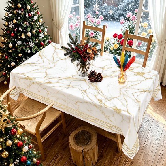 White Gold Marble Geometric Border Print Rectangular Tablecloth, 2D Flat for Kitchen Dining Patio Garden Christmas Parties, Home Decor Festival Gift Multi-Size